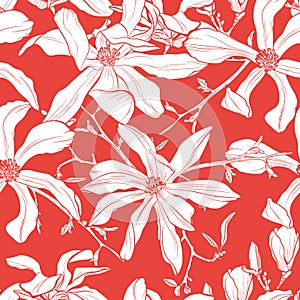 Seamless pattern with hand drawn magnolia flower. Vector illustration.