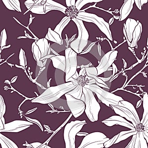 Seamless pattern with hand drawn magnolia flower. Vector illustration.