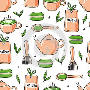 Seamless pattern of hand drawn matcha tea elements.