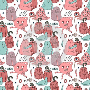 Seamless pattern with hand drawn monsters and pumpkins. Cute design for Halloween decorations. Vector seamless pattern.