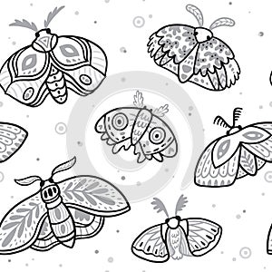 Seamless pattern with hand drawn moths. Vector background
