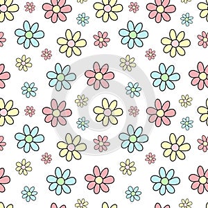 Seamless pattern of hand-drawn multicolored flowers. Vector background image for holiday, baby shower, girlâ€™s birthday, prints i