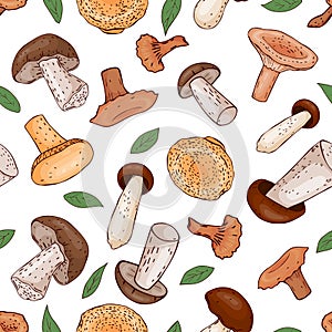 Seamless pattern from hand drawn mushrooms and leaves.