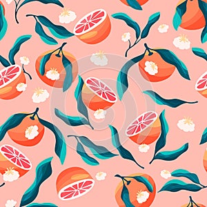 Seamless pattern with hand drawn oranges and floral elements. Fruit and floral design in bright colors. Colorful vector