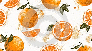 Seamless pattern with hand-drawn oranges and leaves, vintage style, citrus fruit illustration