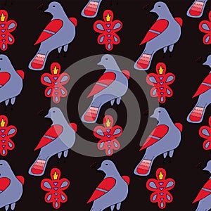 Seamless pattern with hand drawn ornament and birds