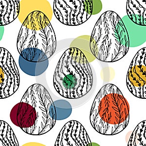 Seamless pattern with hand drawn ornamental eggs and colorful scattered confetti.