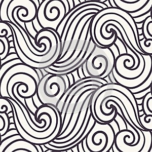 Seamless pattern hand drawn ornamental striped spiral wave background. River ocean water allover print. Vector line art