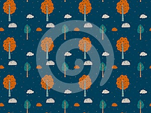 A seamless pattern of hand-drawn ornamental trees, leaves and clouds in orange, green and beige on a dark blue background. Endless