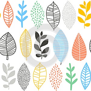 Seamless pattern with hand drawn outline leaves, plants. Botanical abstract texture in minimalistic style. Vector background