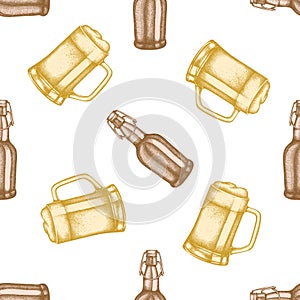 Seamless pattern with hand drawn pastel mug of beer, bottles of beer