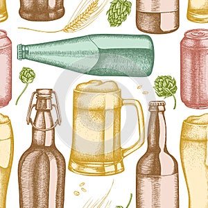 Seamless pattern with hand drawn pastel rye, hop, mug of beer, bottles of beer, aluminum can