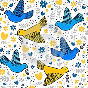 Seamless pattern of hand drawn peace doves in blue and yellow colors