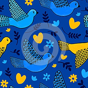 Seamless pattern of hand drawn peace doves in blue and yellow colors.