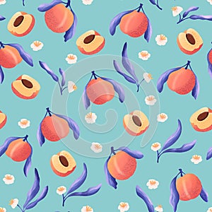 Seamless pattern with hand drawn peaches and floral elements. Fruit and floral design in bright colors.