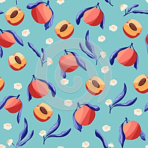 Seamless pattern with hand drawn peaches and floral elements. Fruit and floral design in bright colors. Colorful vector