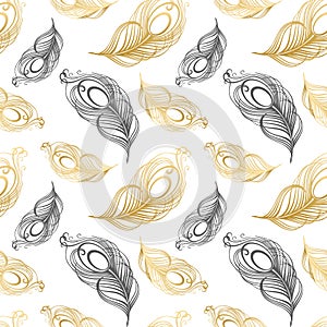 Seamless pattern, hand drawn peacock feathers on a white background. Background, print, elegant textile