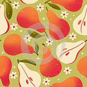 Seamless pattern with hand drawn pears on light green background. Fruit and floral design in bright colors