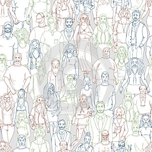 Seamless pattern of hand drawn people faces. Vector illustration of crowd of people.