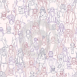 Seamless pattern of hand drawn people faces. Vector illustration of crowd of people.