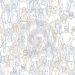 Seamless pattern of hand drawn people faces. Vector illustration of crowd of people