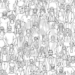 Seamless pattern of hand drawn people faces. Vector illustration of crowd of people.