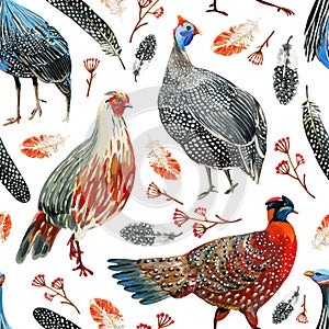 Seamless pattern with hand-drawn pheasants, guineafowls, feathers and branches with berries