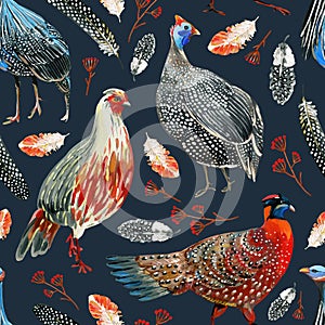 Seamless pattern with hand-drawn pheasants, guineafowls, feathers and branches with berries on a dark background