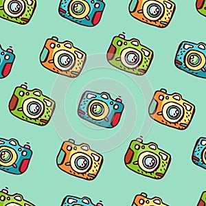 Seamless pattern with hand drawn photo camera