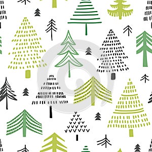 Seamless pattern  with hand drawn  pine trees. Stylized forest background. Vector background in scandinavian style