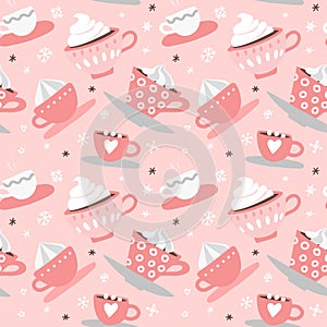 Seamless pattern with hand drawn pink Valentine`s Day romantic cute cups, mugs, hearts, coffee, cocoa and more. Vector