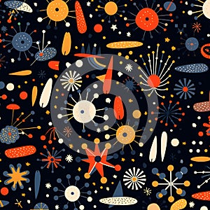 Seamless pattern with hand drawn planets and stars. Vector illustration