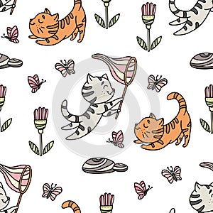 Seamless pattern with hand-drawn playful kittens with butterfly, flowers