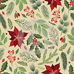 Seamless pattern with hand drawn poinsettia flowers and floral branches and berries, christmas florals.