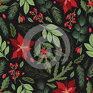 Seamless pattern with hand drawn poinsettia flowers and floral branches and berries, christmas florals.