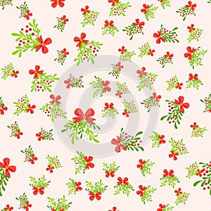 Seamless pattern with hand drawn poinsettia flowers and floral branches and berries, mistletoe, christmas florals.