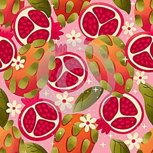 Seamless pattern with hand drawn pomegranate and dragon fruit on pink background. Fruit and floral design in bright colors