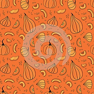 Seamless pattern with hand drawn while pumpkins  and pieces. Hand drawn design for Halloween or Thankful day.