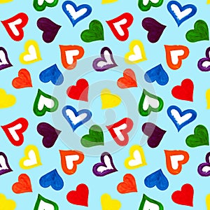 Seamless pattern hand drawn rainbow color hearts on blue background isolated, colorful watercolor painted heart repeating ornament