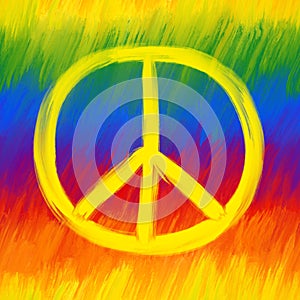 Seamless pattern of hand-drawn rainbow colored lines with peace symbol. Multicolored stripes of red, orange, blue