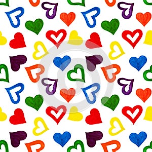 Seamless pattern hand drawn rainbow colors hearts on white background isolated, colorful watercolor painted heart ornament