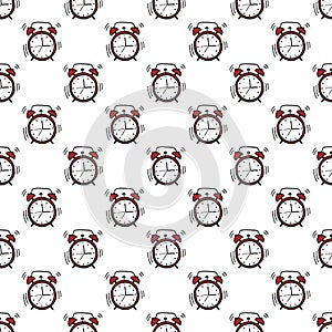 Seamless pattern of  hand drawn red alarm clock