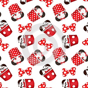 Seamless pattern with hand drawn red bows and ice cream in cartoon style