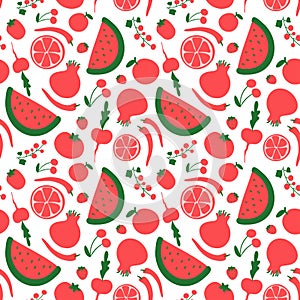 Seamless pattern with hand drawn red fruits vegetables berries. Fresh doodle cherry apple beetroot watermelon tomato pomegranate
