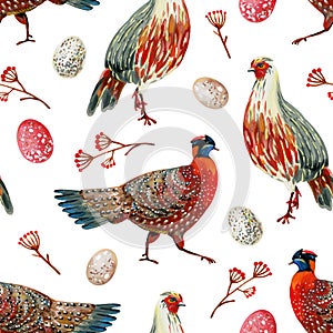 Seamless pattern with hand-drawn red pheasants, spotted eggs and branches with berries
