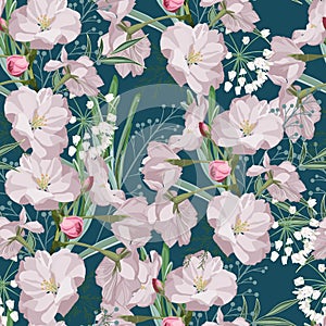 Seamless pattern with hand drawn sakura flowers with green leaves and herbs.