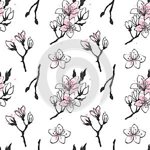 Seamless pattern with hand drawn sakura flowers.