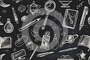 Seamless pattern of hand-drawn school supplies and space-themed objects on a chalkboard-style background, featuring