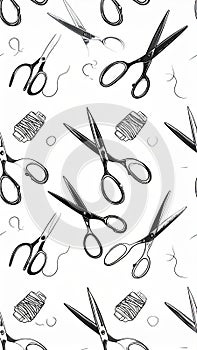 Seamless pattern with hand-drawn scissors and thread spools, a perfect background for sewing and crafting projects