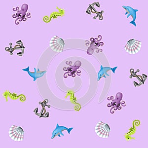 Seamless pattern with hand-drawn sea items on purple background.
